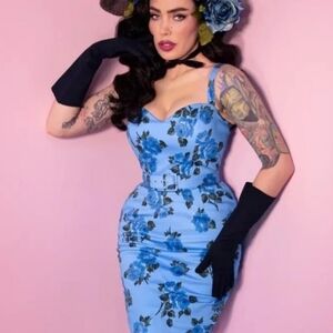 Nwot vixen by micheline pitt blue rose wiggle dress size xl pinup rockabilly